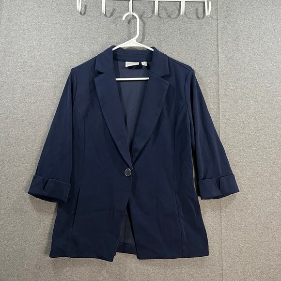 GRAVER Susan Graver LK Fuston 3/4 Sleeve Cutaway Hem Blazer Navy Small - Picture 1 of 10